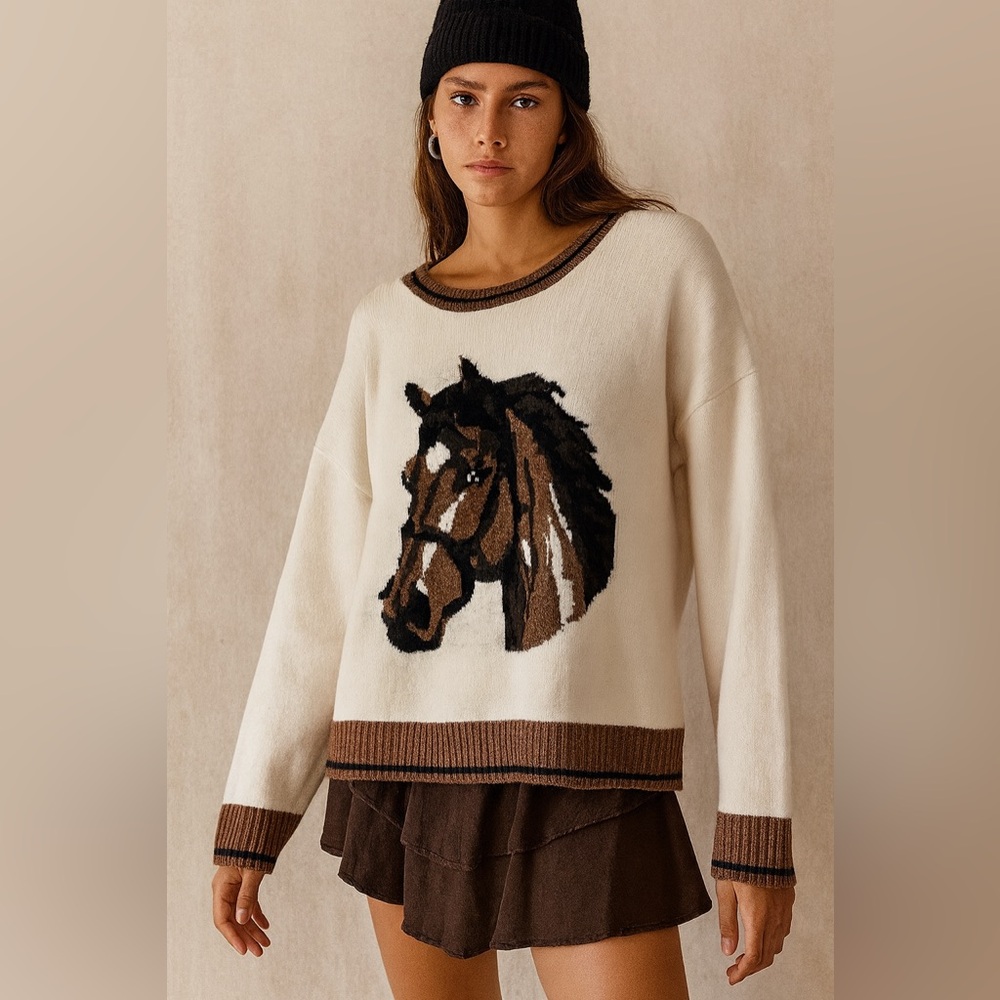 7865. Cream and Brown Horse Sweater